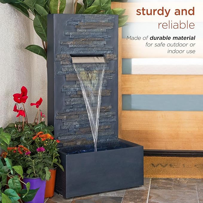 Alpine Corporation CPS194 Outdoor Modern Stainless Steel Geometric Orbs Water Floor Fountain for Patios, Gardens, and Outdoor Decor, 55" H, Brown