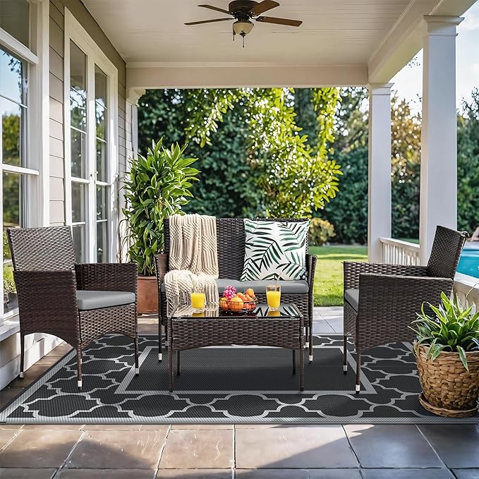 GENIMO 4 ' x 6 ' Outdoor Rug for Patio, Waterproof Indoor Outdoor Plastic Straw Rugs Carpet, Reversible Outside Area Mat for Camping, Balcony Porch, Deck, Picnic, Beach Black Grey