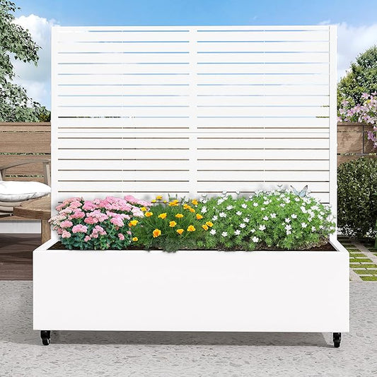 Casaphoria Metal Raised Garden Bed with Trellis and Wheels, 47"x47"x16" Planter Box for Climbing Plants, Vegetables & Vines, Features Drainage Holes and Privacy Screen (White-Louvered)