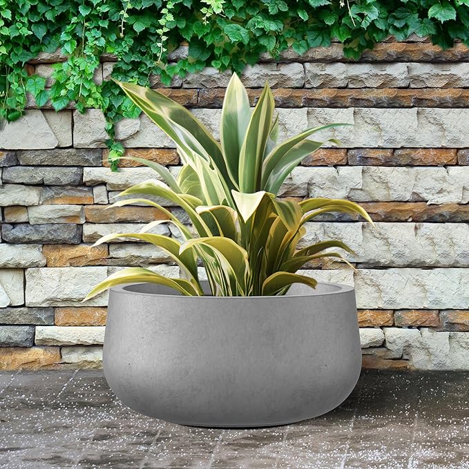 Kante 15.7" Dia Round Concrete Planter, Outdoor Indoor Garden Plant Pots with Drainage Hole and Rubber Plug, Modern Curvaceous Design, Natural Concrete