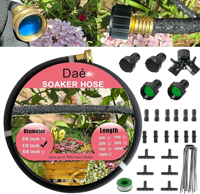 Rubber Soaker Hose, 1/2 inch, 100ft Garden Hose for Irrigation,Water-Saving up to 70%, Brass Connector Leak-Proof, Heavy-duty Hose, Watering for Trees,Lawns, Vegetables and Flowers.