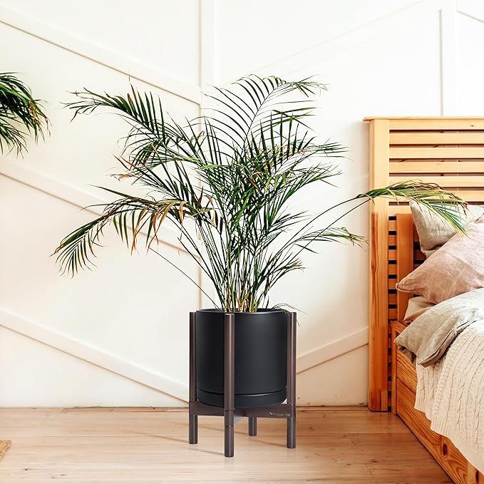 D'vine Dev Ceramic Planter with Walnut Color Stand - 12 Inch Modern Round Flower Pot with Wood Planter Holder, Black, 55-B-W-2