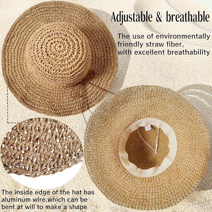 Womens Straw Beach Sun Hats, Foldable Packable Floppy Handmade Crochet Hats for Women,Large Summer Vacation Wide Brim Hat