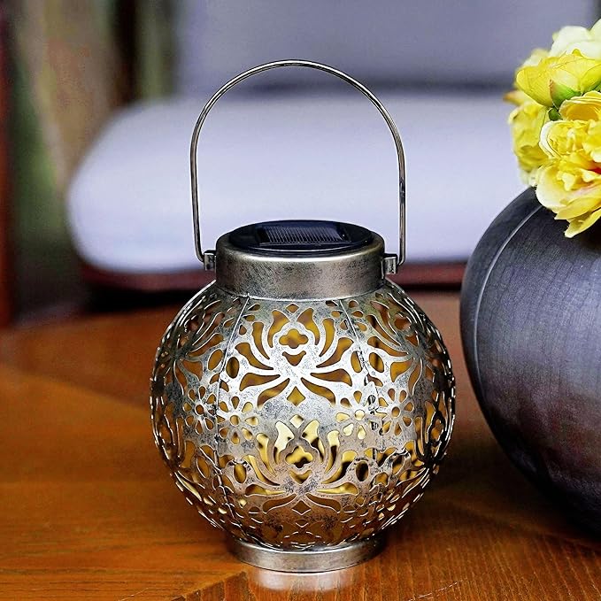 Set of 2 Outdoor Solar Hanging Lantern Lights Metal LED Decorative Lamp for Garden Patio Courtyard Lawn and Table with Hollowed-Out Design (Antique Bronze)