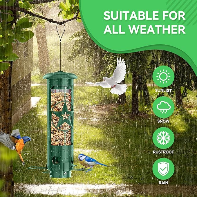 Squirrel Proof Bird Feeders for Outdoors Hanging, Metal Squirrel Proof Bird Feeder with Gravity Protection, 3LB Large Capacity Wild Bird Feeders for Outside Finch, Cardinal, Blue Jay (Green)