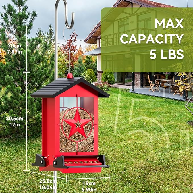 Squirrel Proof Bird Feeder for Outdoors Hanging, Metal Wild Bird Seed Feeder with Bilateral Weight-Activated Perches, 5LB Large Capacity Wild Bird Feeders for Outside Finch, Cardinal, Blue Jay