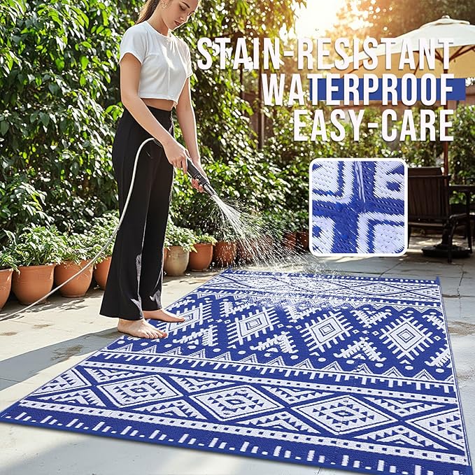 OLANLY Outdoor Rug Waterproof 6x9 ft, Reversible Outdoor Plastic Straw Rug, Boho Patio Rug, Indoor Outdoor Carpet, RV Mat Outside for Patio, Camp, Picnic, Balcony, Deck, Backyard, Blue & White