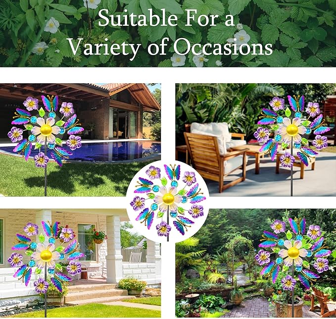 Solar Wind Spinners Outdoors for Yard and Garden - 40 Inch Metal Wind Sculpture, Outdoor Kinetic Windmill with Multi-Color Led Lights for Patio, Lawn & Garden Decoration (Butterfly)