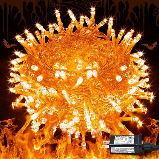 JMEXSUSS Connectable 33ft Halloween Lights Indoor, 100 LED Clear Wire Orange Lights for Halloween, 8 Modes Outdoor Orange Christmas String Light Plug in for Christmas Tree Party Decoration