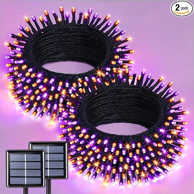 JMEXSUSS Orange and Purple Solar Halloween Lights, 2 Pack Total 400 LED Solar String Lights Outdoor Waterproof, 8 Modes Halloween Lights for Outside Halloween Tree Decorations