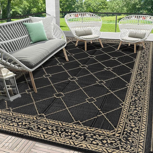 HEBE Outdoor Rug Waterproof 8x10, Reversible Plastic Straw Rug RV Camping Rug, Indoor Outdoor Patio Mat Clearance, Outside Carpet for Porch,Deck,Camper,Balcony,Backyard,Picnic