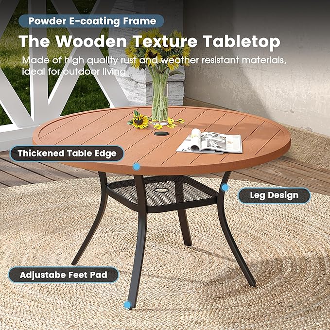 DIFY Round Outdoor Patio Dining Table for 4, 41.7" Patio Table with All-Weather Faux Wood Tabletop and Metal Steel Frame, Outside Table for Garden Porch Backyard, Walnut