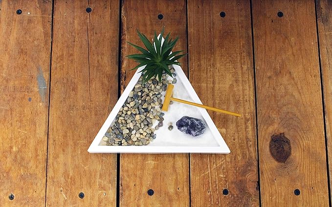 Nature's Mark Mini Zen Garden Kit for Desk with White Sand, Rake, White Base, Salt Rock and Air Plant (Triangle)