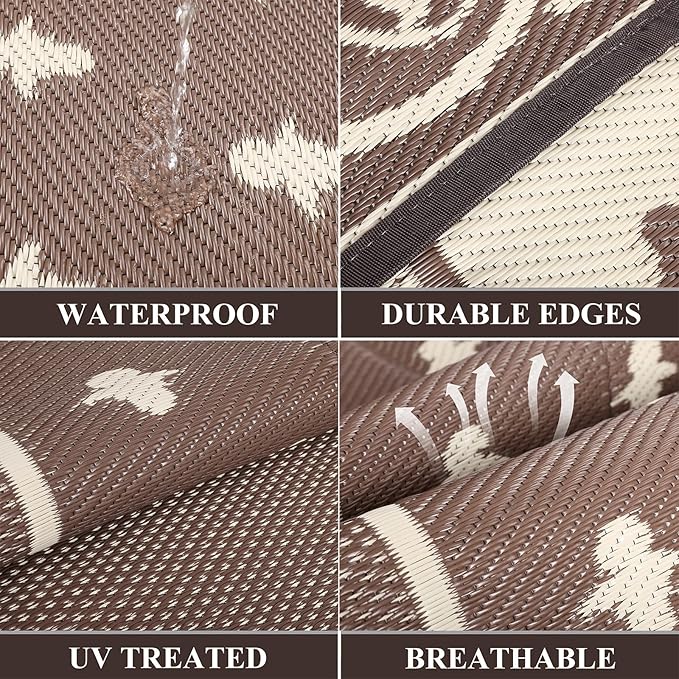 Pauwer Waterproof Outdoor Rug 10x14, Reversible Plastic Straw Patio Camping Rug, Indoor Outdoor RV Mat Carpet for Deck, Camper, Porch, Balcony, Backyard, Picnic, Bordered Brown