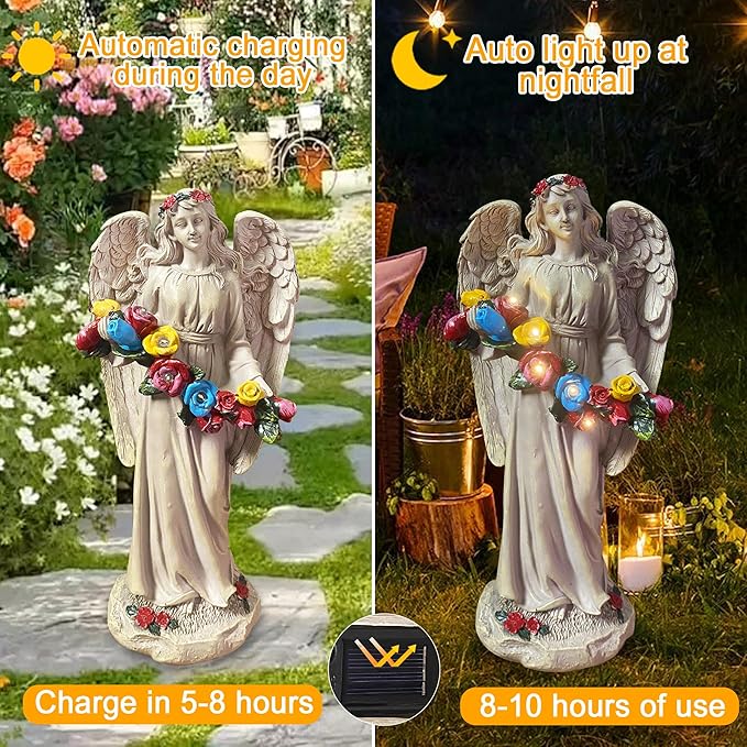 Angel Statues for Garden, Solar Angels for Outside, Angels Sculpture Holding Wreath for Outdoor Patio Lawn Balcony Ornament Gifts for Women/Mom/Grandma