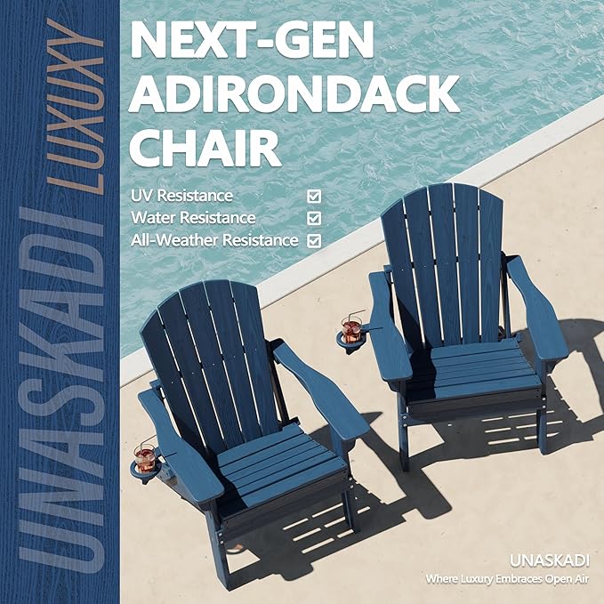 Folding Adirondack Chair Set of 3 with Cup Holder, HDPE All Weather Resistant Plastic Outdoor Patio Chairs, Heavy Duty Fire Pit Seating for Backyard Lawn Garden, Wooden Textured Design(Navy Blue)