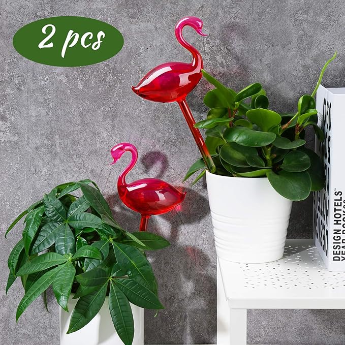 Self-Watering Glass Globes 2PCS Flamingo Gradient Hot Pink 10" Long Hand Blown Bulbs Pot Plant Waterer Home Indoor Outdoor Garden Patio Hanging Flower Spike Decorative Automatic Irrigation System