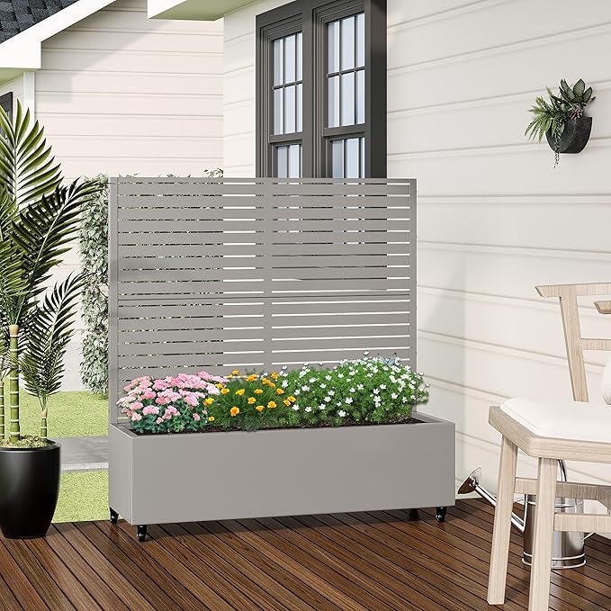 Casaphoria Metal Raised Garden Bed with Trellis and Wheels, 47"x47"x16" Planter Box for Climbing Plants, Vegetables & Vines, Features Drainage Holes and Privacy Screen (Grey-Louvered)