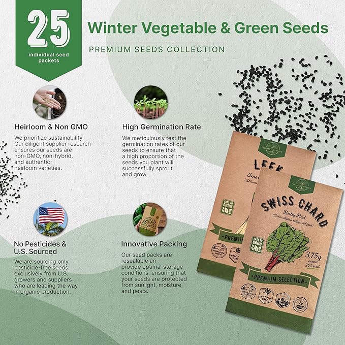 Organo Republic 25 Winter Vegetable Garden Seeds Variety Pack for Outdoors & Indoor Home Gardening 6500+ Non-GMO Heirloom Seeds: Broccoli Beet Carrot Collard Lettuce Radish Spinach Pea Kohlrabi