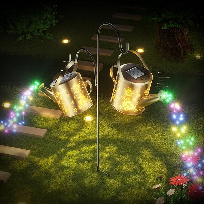 Solar Watering Can with Colorful Lighting, Waterproof Garden Decor, Birthday Gifts for Mom Grandma (Butterfly, 32 inch Shepherd Hook)