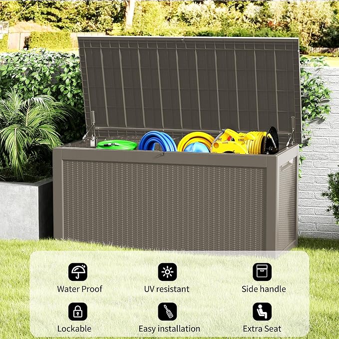 320 Gallon Lockable Resin Deck Box, Waterproof & UV-Resistant Outdoor Storage Box for Outdoor Cushion Storage, Garden Tools & Pool Accessories Storage, Gray