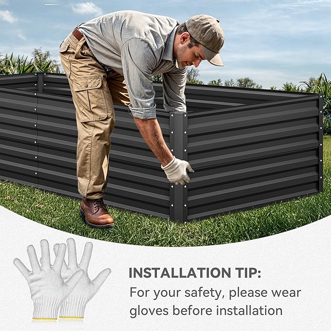 YITAHOME 8x4x2ft 2pcs Large Raised Garden Bed Kit, Galvanized Metal Planter Box with Gloves, Ground Nails & Safety Rubber, Outdoor Above Ground Planters for Plants Vegetables Flowers, Black