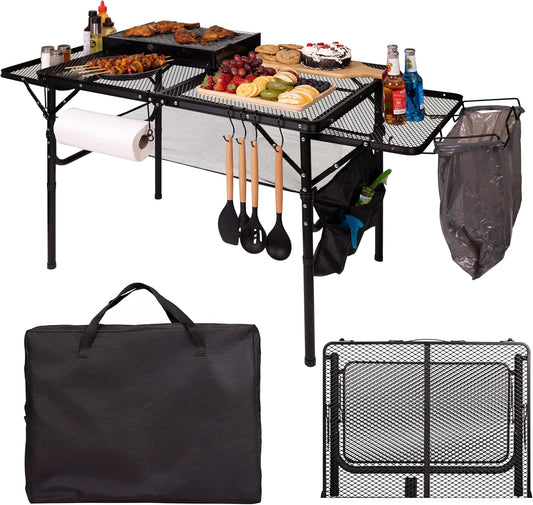 Folding Table w/ Carry Bag, Paper Towel Holder, Garbage Holder, Wing Panels, 3x2 FT Foldable Table for Portable Grill, Picnic, Outdoor, Beach, Small Folding Table Adjustable Height,Camping Table, BBQ