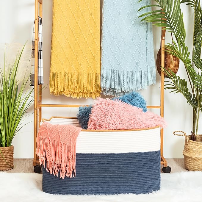 MINTWOOD Design 22in Extra Large Blanket Basket Holder Living Room, Rectangle Rope Woven Storage Basket with Handles for Laundry, Pool Towels, and Shoes, Dog Toy Organizer Bin Box, Prussian Blue