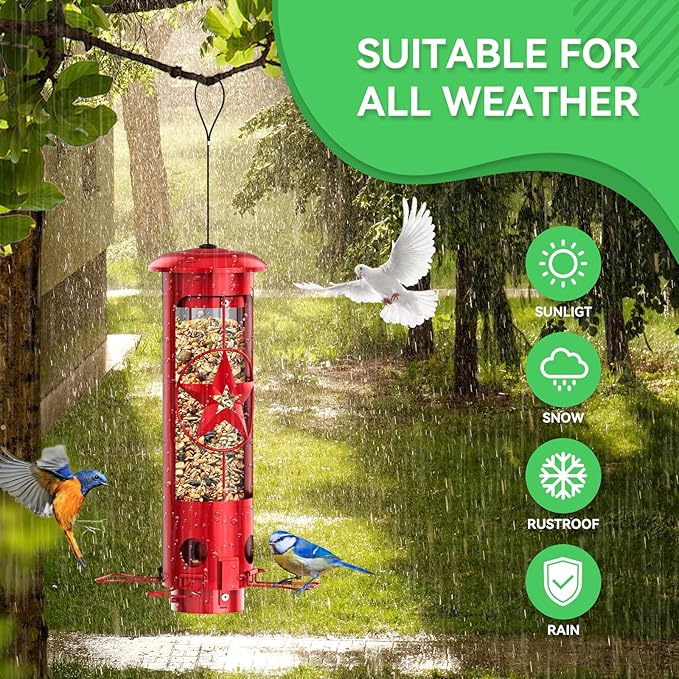 Squirrel Proof Bird Feeders for Outdoors Hanging, Metal Squirrel Proof Bird Feeder with Gravity Protection, 3LB Large Capacity Wild Bird Feeders for Outside Finch, Cardinal, Blue Jay (Red)