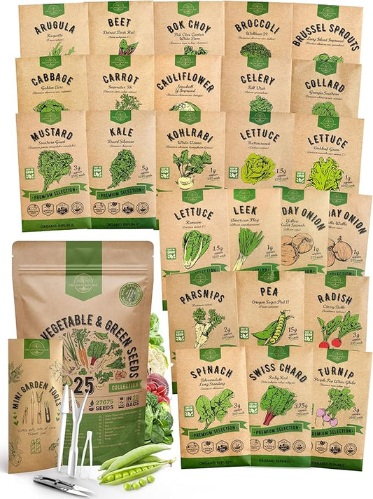 Organo Republic 25 Winter Vegetable Garden Seeds Variety Pack for Outdoors & Indoor Home Gardening 6500+ Non-GMO Heirloom Seeds: Broccoli Beet Carrot Collard Lettuce Radish Spinach Pea Kohlrabi