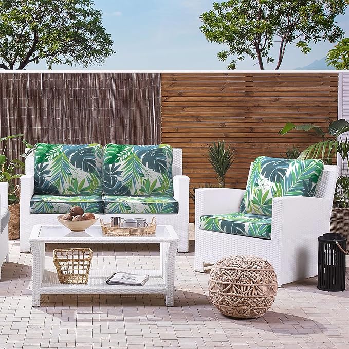 LVTXIII Outdoor Deep Seat Cushion Patio Seat and Back Cushion Set Seasonal Chair Cushion for Dining Arm Chairs, Wicker Chairs and Garden Furniture Decoration, 22"x22"x4", Islamorada Blue Green