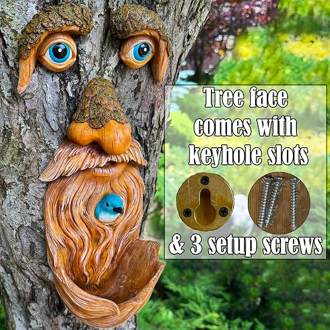 Mood Lab Tree Faces Decor Outdoor - Old Man Bird Feeder - Tree Hugger Garden Decoration - Yard Art Statues