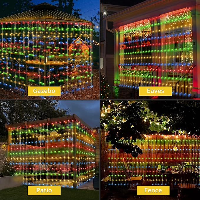 32.8 * 6.56FT Large Size Solar Curtain Lights Outdoor, 8 Modes String Icicle Lights, Garden Christmas Decortions for Patio, Gazebo, Eaves, Fence, Tree, Porch (Multicolor)