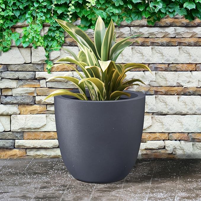 Kante 18 Inch Dia Round Concrete Planter, Indoor Outdoor Large Plant Pot with Drainage Hole and Rubber Plug for Home Patio Garden, Charcoal