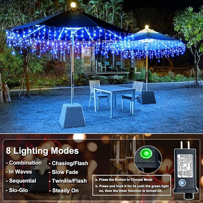 Christmas Icicle Lights Outdoor, 98FT 1216 LED Icicle String Lights with 8 Modes 228 Drops, Curtain Twinkle Lights for Bedroom House Holiday Party Wedding Decorations, Blue