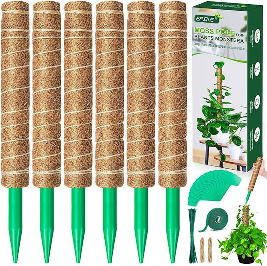 EAONE Moss Pole 96 Inch, 6 Pack 16" Monstera Plant Support for Climbing Potted Live Plants Indoor, Stackable Coco Coir Moss Sticks Monstera Stakes for Pothos Philodendron, with Garden Labels & Ties