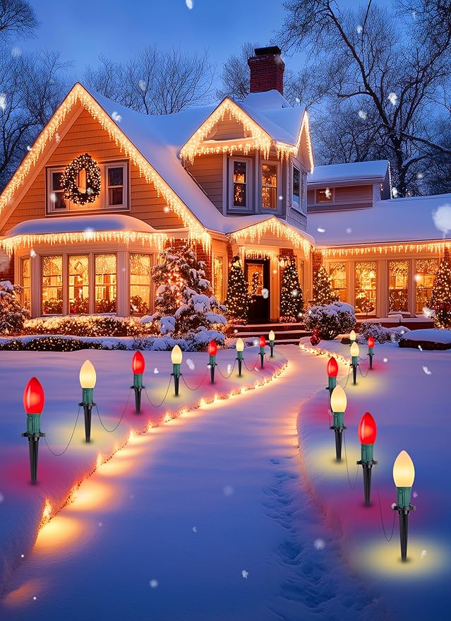 Brightown Frosted C9 LED Christmas Lights Outdoor, 32Ft Christmas Pathway Lights with 25 LED Bulbs and Stakes, Christmas Decorations Outside Driveway Walkway Sidewalk, Red and Warm White