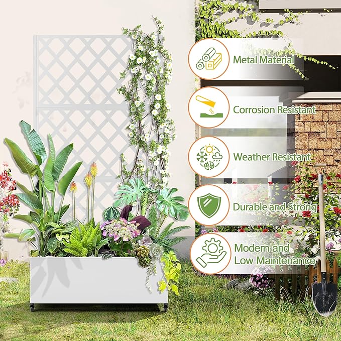 Metal Planter Trellis Box with Wheels & Drain Plug Outdoor Raised Garden Bed Patio Privacy Screen with Planter for Climbing Plants, Vegetables 73"x35"x16" White-Diamond