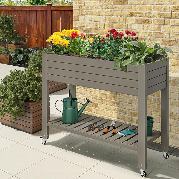 YITAHOME 3.6x1.5x2.8 FT Elevated Garden Bed Kit with Legs and Wheels, Outdoor Large Resin Planter Box Stand with Drain Plug and Storage Shelf for Plants Vegetables Fruits, Light Brown