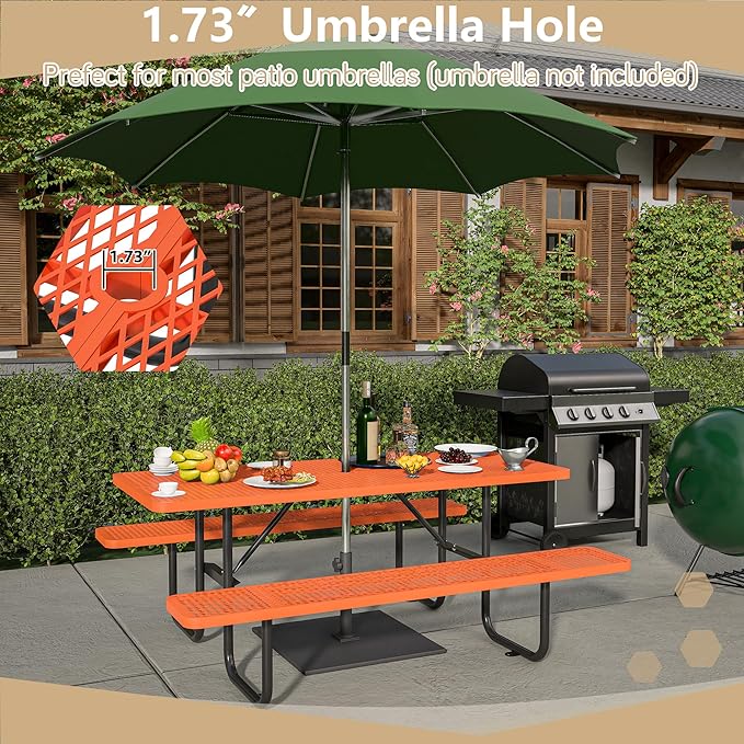 72'' Steel Rectangular Picnic Table for Outdoors, Expanded, Lifetime Picnic Table with Umbrella Hole, Heavy Duty Sturdy Commercial Picnic Tables for Garden Courtyard BBQ, Orange