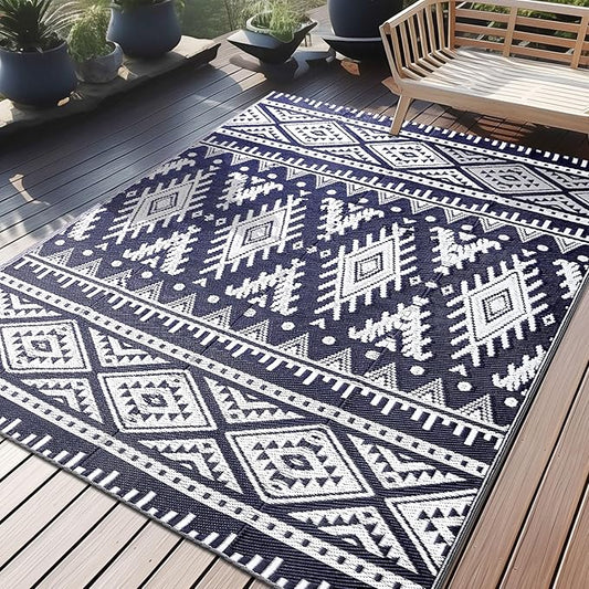 OLANLY Outdoor Rug Waterproof 5x8 ft, Reversible Outdoor Plastic Straw Rug, Boho Patio Rug, Indoor Outdoor Carpet, RV Mat Outside for Patio, Camp, Picnic, Balcony, Deck, Backyard, Navy & White