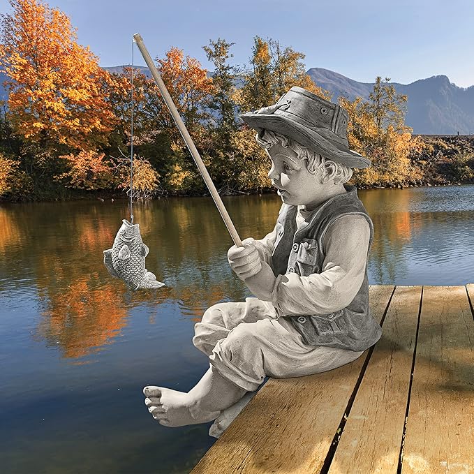 Design Toscano Frederic the Little Fisherman of Avignon Boy Fishing Garden Statue, 15 Inch Tall, Cast Stone Resin, Two Tone Stone Finish