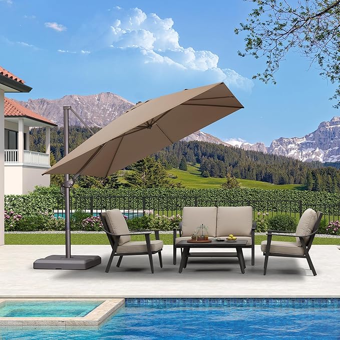 PURPLE LEAF 10 Feet Patio Cantilever Umbrella Square Outdoor Umbrella with 360° Rotation and Aluminum Offset Hanging for Garden Backyard Pool, Taupe