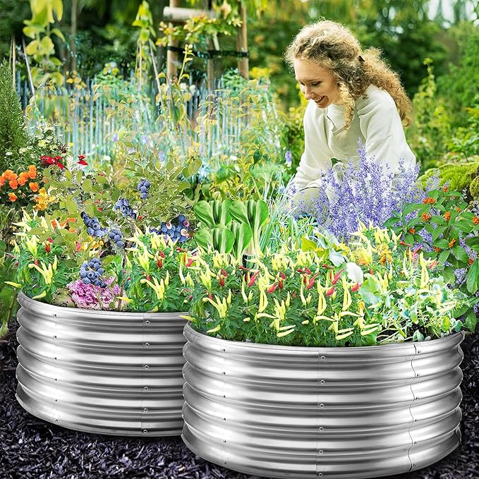17" Tall Round Outdoor Garden Raised Garden Bed Kits- 0.8MM Thick Metal Raised Planter Bed/Ground Planter Box for Variety of Flowers,Herbs,Vegetables (Silver, 40 inches Diameter)
