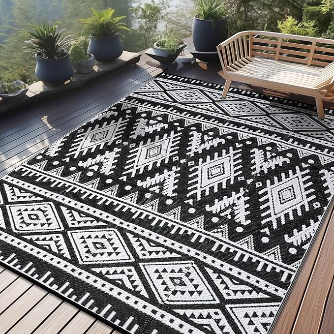 OLANLY Outdoor Rug Waterproof 8x10 ft, Reversible Outdoor Plastic Straw Rug, Boho Patio Rug, Indoor Outdoor Carpet, RV Mat Outside for Patio, Camp, Picnic, Balcony, Deck, Backyard, Black & White