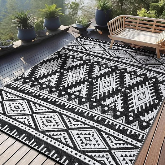 OLANLY Outdoor Rug Waterproof 8x10 ft, Reversible Outdoor Plastic Straw Rug, Boho Patio Rug, Indoor Outdoor Carpet, RV Mat Outside for Patio, Camp, Picnic, Balcony, Deck, Backyard, Black & White