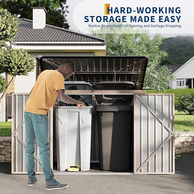 2 Trash Cans Metal Outdoor Storage, 3x6 FT Garbage Bin Storage Shed with Chain Lid, Garbage Can Metal Sheds for Garden, Backyard, Lawn and Patio