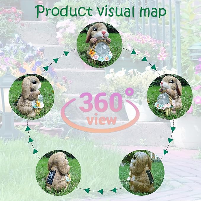 Solar Rabbit Garden Outdoor Statues,Resin Rabbit Figurine Carrying Flower Basket and Magic Orb with Solar LED Lights, Lawn Decor Outdoor Statue for Patio, Balcony, Yard Ornament