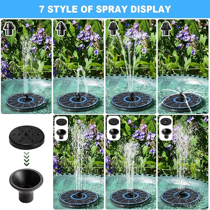 Solar Water Fountain with 2000 mAh Battery Backup Works in Cloudy, 3.5 W Glass Small Solar Fountain Pump with 7 Nozzles, Bird Bath Fountains Solar Power for Bird Bath, Hummingbird,Pond, Garden