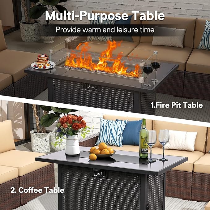 5 Piece Patio Furniture Set with 43" Propane Fire Pit Table, Outdoor Wicker Conversation Set, Rattan Modern Sectional Sofa Couch with Coffee Table for Backyard Porch Garden Poolside, Black-Beige